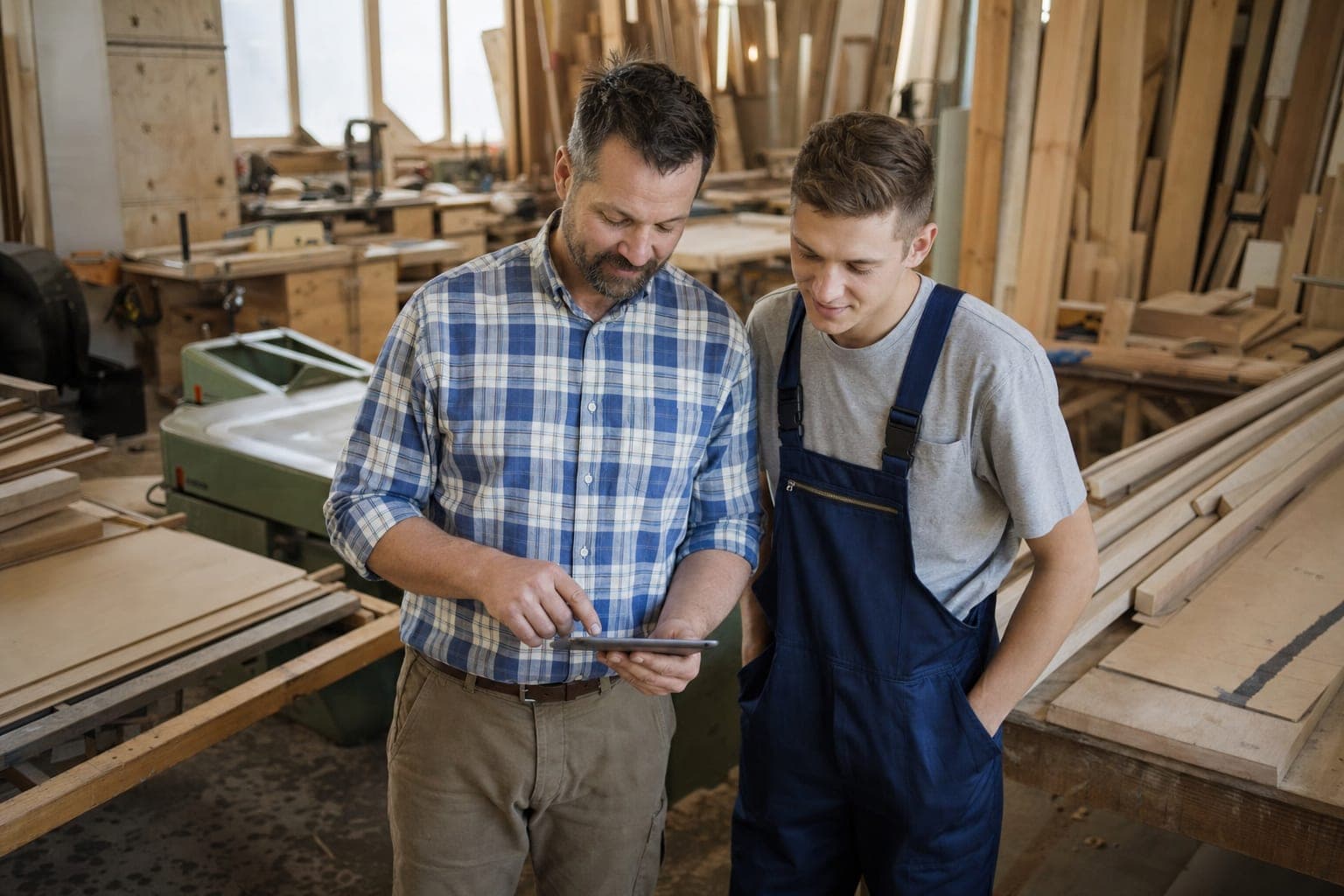 Betriebsinhaber und neue Fachkraft am Tablet in der Werkstatt